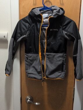 Columbia Kids Hooded Fleece Jacket in Black and Gray with Orange Trim